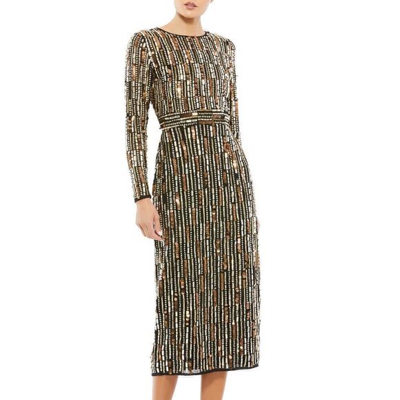 Mac Duggal Dress Embellished High Neck Long Sleeve Fitted Dress Black Gold NWT 6 - Picture 1 of 9